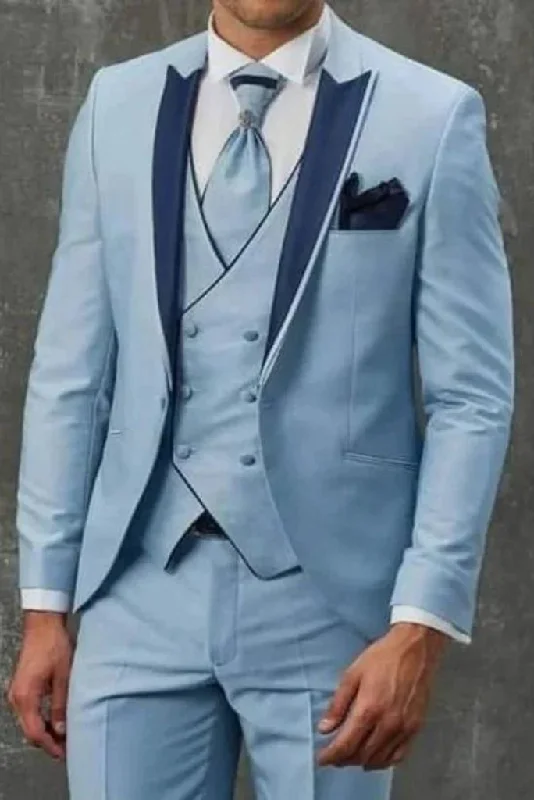 Preppy Casual Men 3 Piece Tuxedo Wedding Suits Sky Blue For Party & Dinner Suits Bespoke For Men