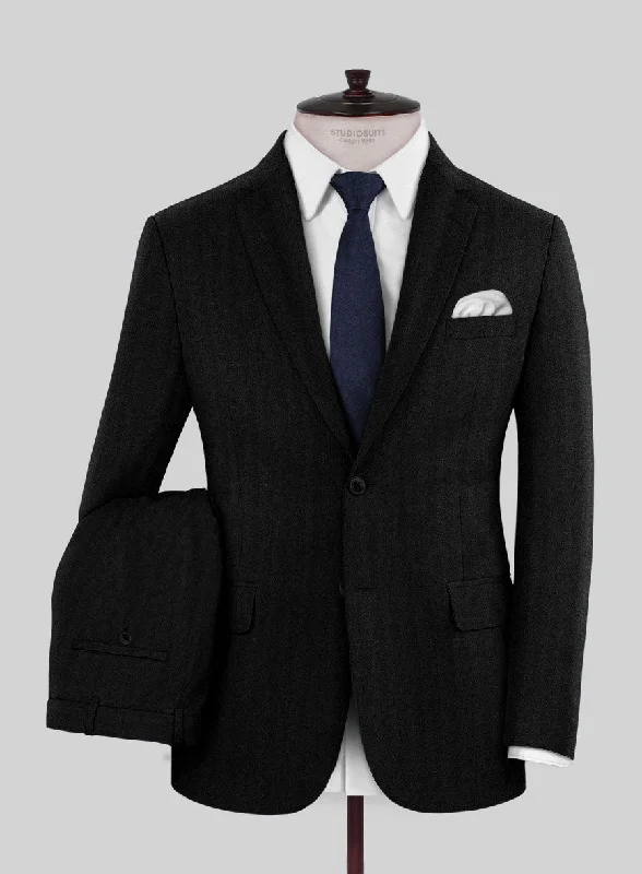 Athleisure Wear Italian Black Herringbone Flannel Suit