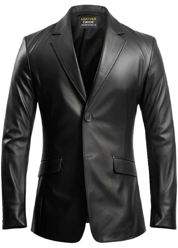 Tailored Fit Men Two Button Black Leather Blazer