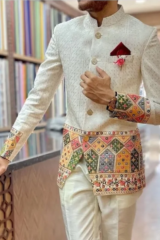 Bold Patterns Lucknowi Jodhpuri Suit With Multicolor Sequins Zari Work For Groom, Wedding, Proms, Dinner 3 Piece Suit