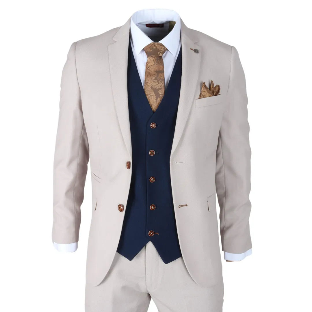 Cyberpunk Outfit Mayfair - Men's 3 Piece Cream Suit With Navy Waistcoat