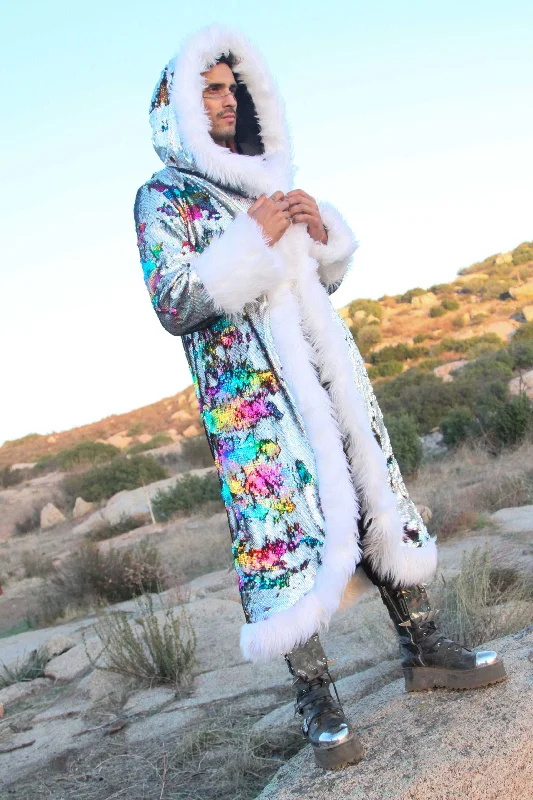 Aesthetic Casual Men's Sequin King Coat in "Silver Hologram-Rainbow"