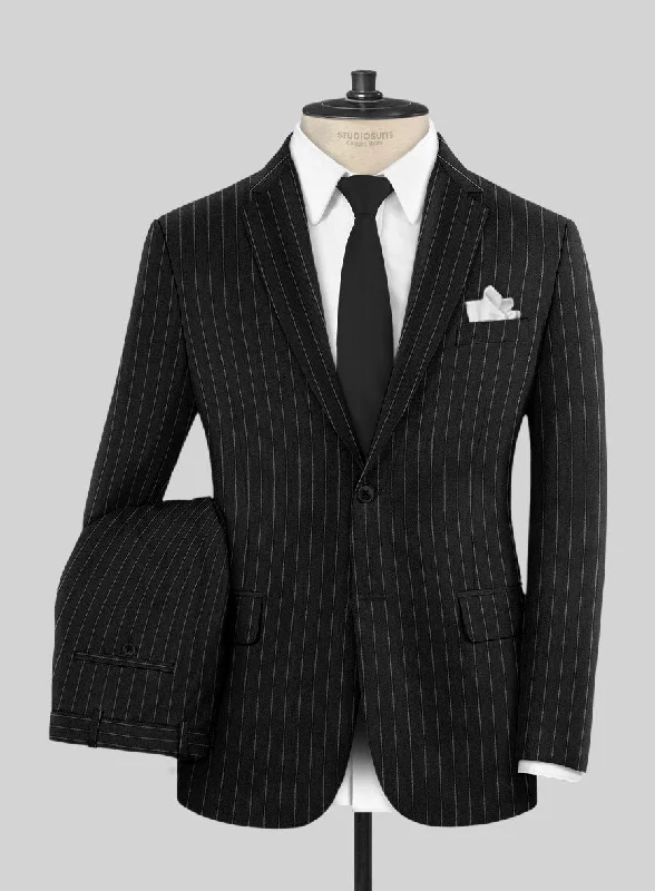 Casual Chic Italian Afito Black Chalkstripe Flannel Suit