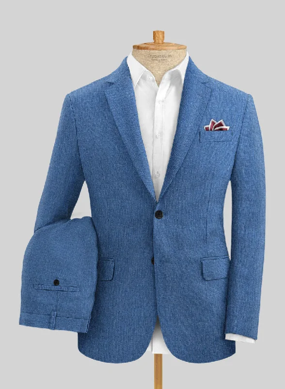 Retro Aesthetic Italian Prato Sharkskin Blue Linen Suit