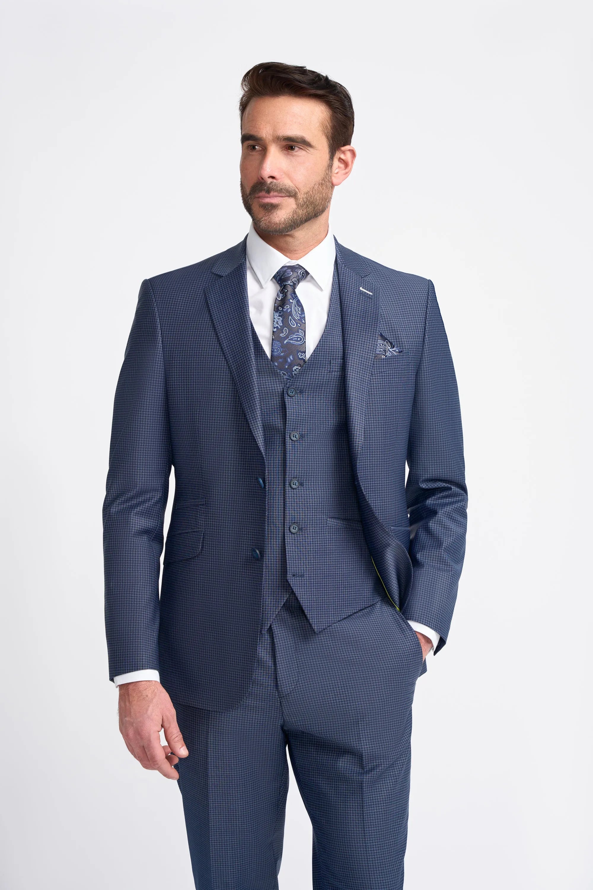 Monochrome Look Bond - Men's Navy Check 3 Piece Tailored Fit Suit