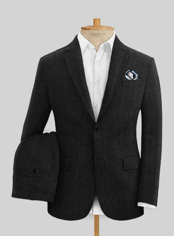 Minimalist Aesthetic Italian Prato Black Herringbone Linen Suit