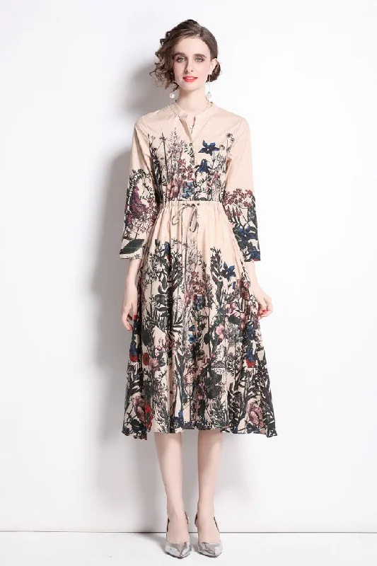 Apricot & Floral print Day A-line V-neck Bishop Long Sleeve Maxi Dress