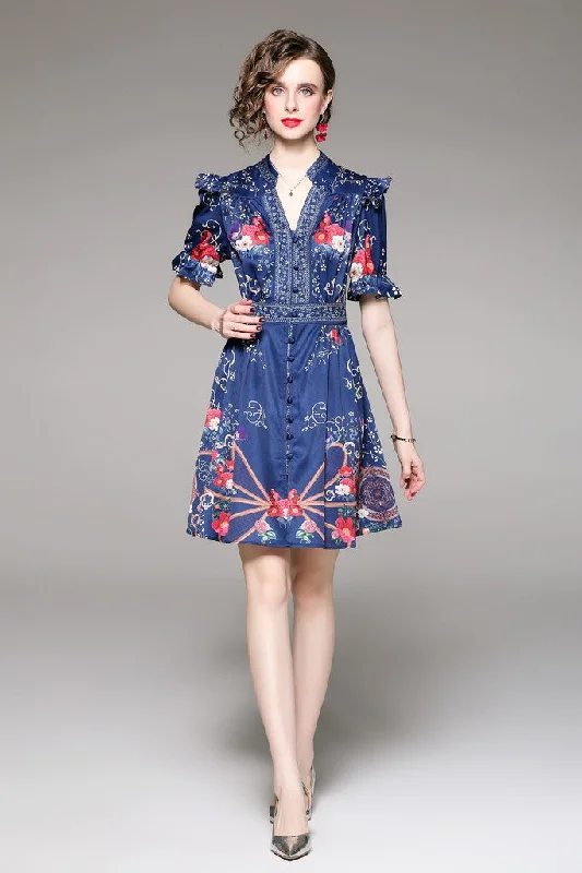 Everyday Basics Exquisite craftsmanship Blue & Multicolor Floral Print Day A-line V-neck Elbow Sleeve Above Knee Dress