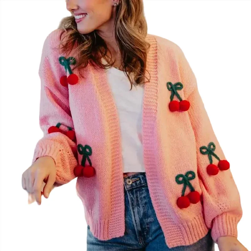 Soft Neutrals High street style Cherry Long Sleeve Knit Cardigan In Pink