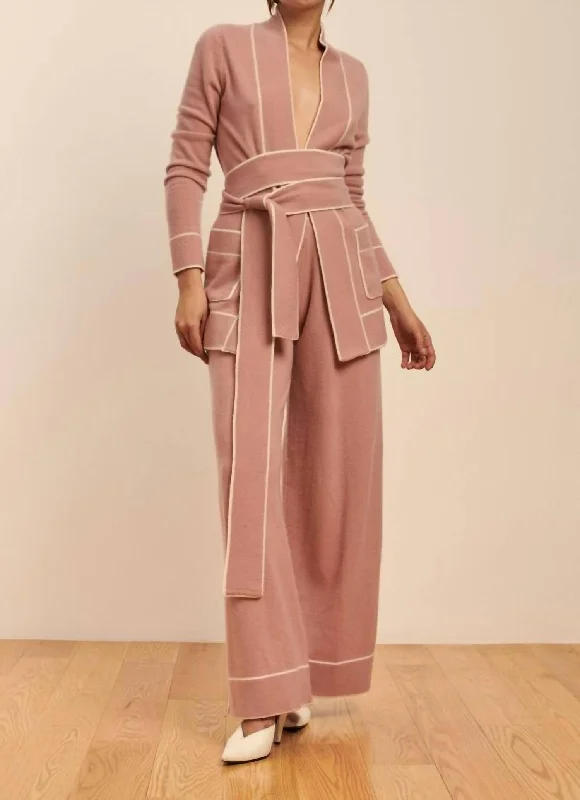 Relaxed Modern Sports and leisure Diableret Belted Cashmere Cardigan In Dusty Pink/cream