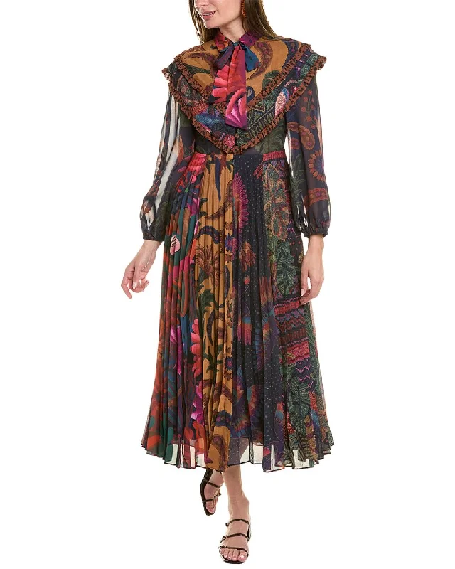 Clean Lines Avant-garde design FARM Rio Mixed Prints Pleated Maxi Dress