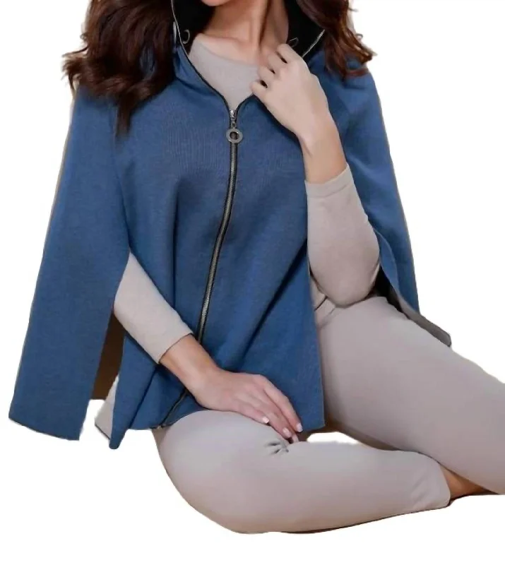 Urban Elegance Elegant design High Slit Detachable Hooded Poncho In Denim Stone