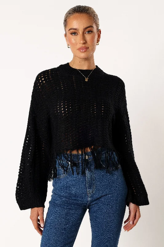 Katalina Fringe Crop Knit Sweater - Black