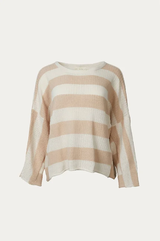 Streetwear Luxe French style Lightweight Striped Cotton Sweater In Beige/ivory