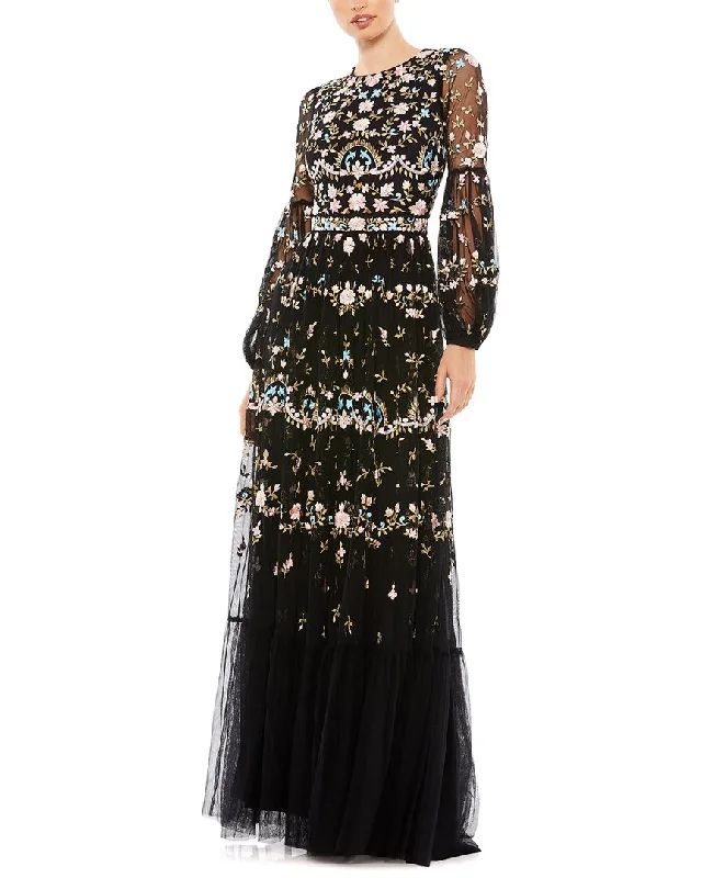 Soft Elegance Artistic temperament Mac Duggal Embroidered High Neck Illusion Sleeve Tiered Gown