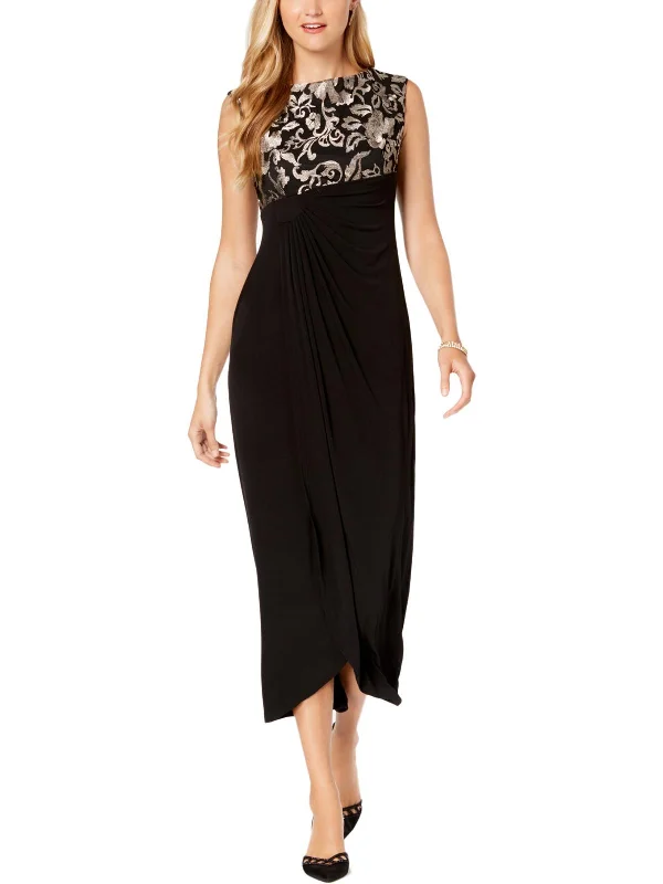 Sporty Edge Breathable design Petites Womens Faux-Wrap Embroidered Evening Dress