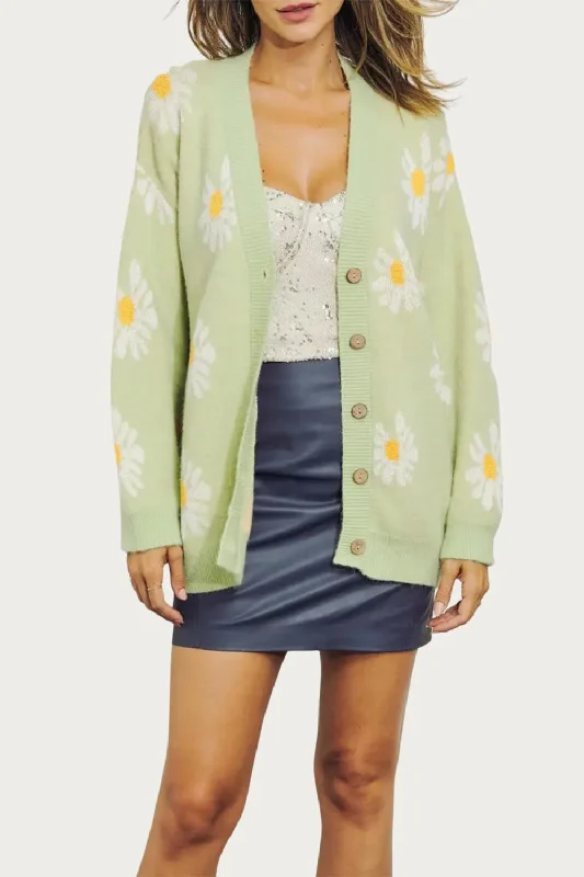 Futuristic Minimalism Trendy and casual Retro Floral Knit Button-Front Cardigan In Lime