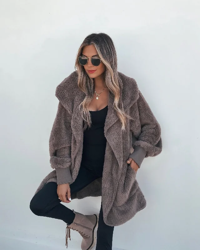 Cozy Tailoring Casual and comfortable Teddy Fleece Hooded Cardigan - Brown