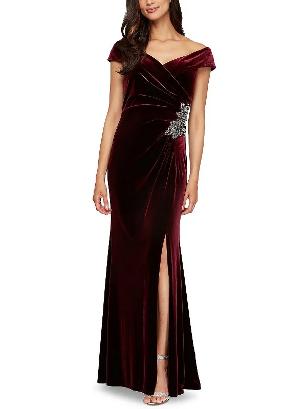 Tailored Grunge Fashionable inner wear Womens Velvet Off-The-Shoulder Evening Dress