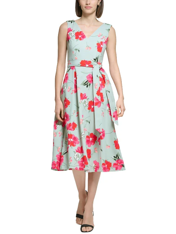 Vintage Essentials Petites Womens Floral Midi Fit & Flare Dress