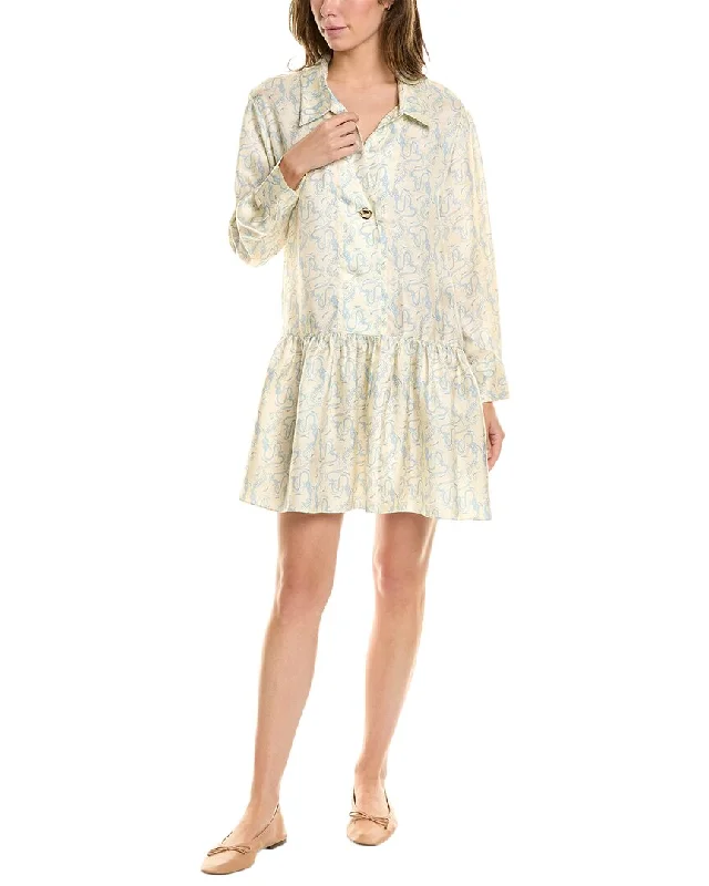 Distressed Denim Sandro Flounce Silk Mini Dress