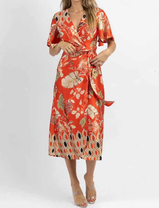 Urban Utility Waikiki Wrapped Satin Midi Dress In Orange/multi