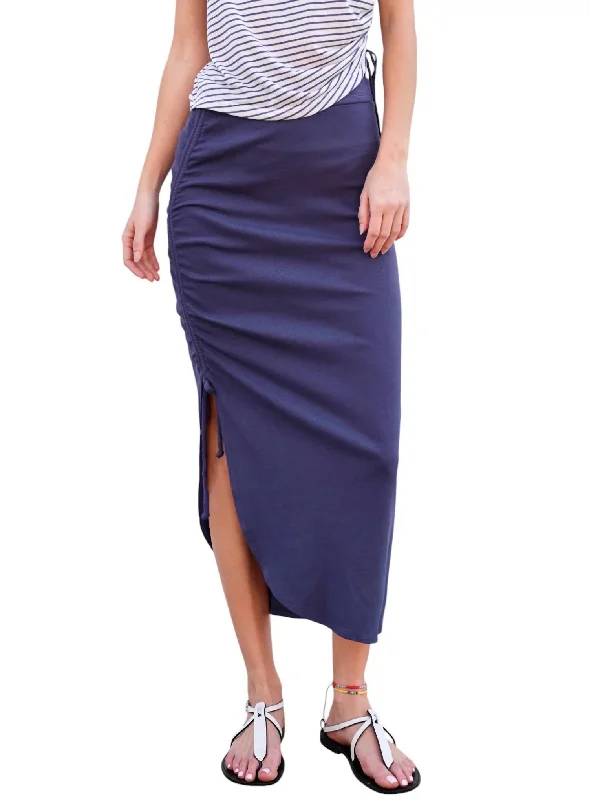 Shirred Midi Skirt In Deep Sea Navy