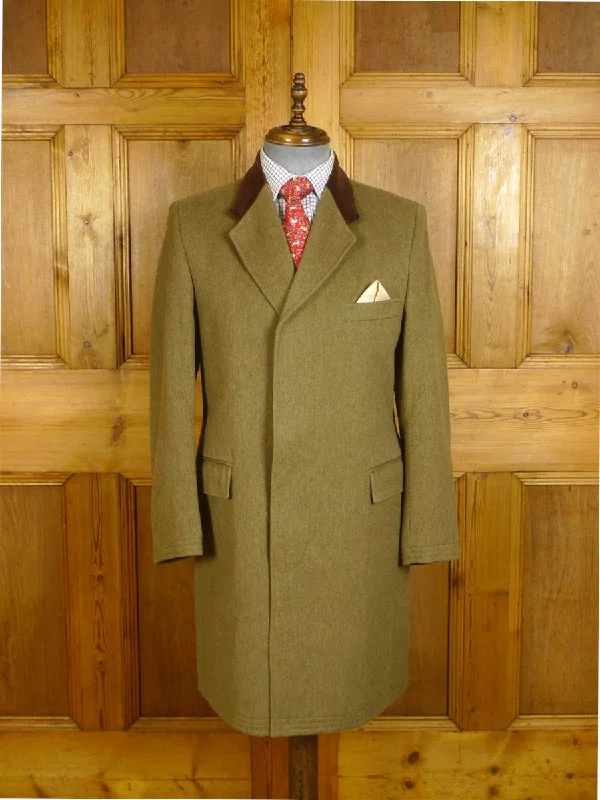 24/1063 immaculate quality vintage british stone brushed venetian wool covert coat overcoat w/ velvet collar 38-39