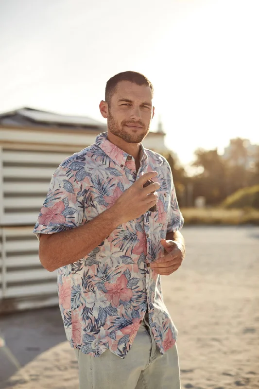 Short Sleeve Linen Cotton Floral Print In Cherry Blossom