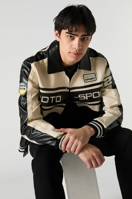 Faux Leather Motosport Colourblock Bomber Jacket