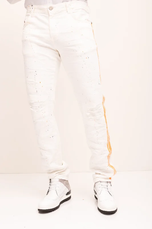 Yellow Splattered Stripe Cotton Jeans - White