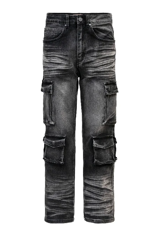 Dark Aesthetic Men's Relaxed Fit Washed Utility Cargo Pants